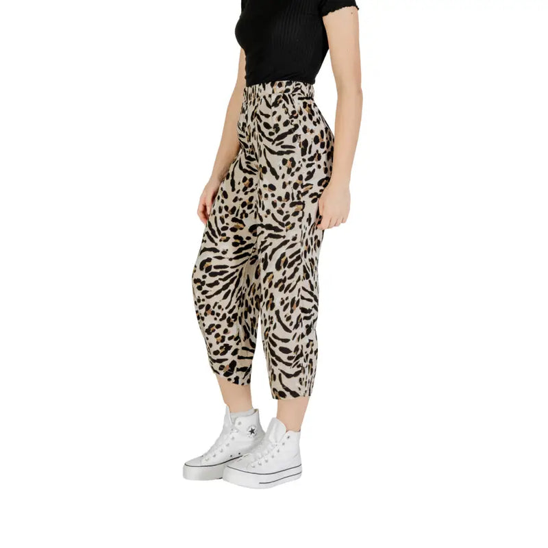 Ichi Women beige leopard viscose trousers with elastic waistband