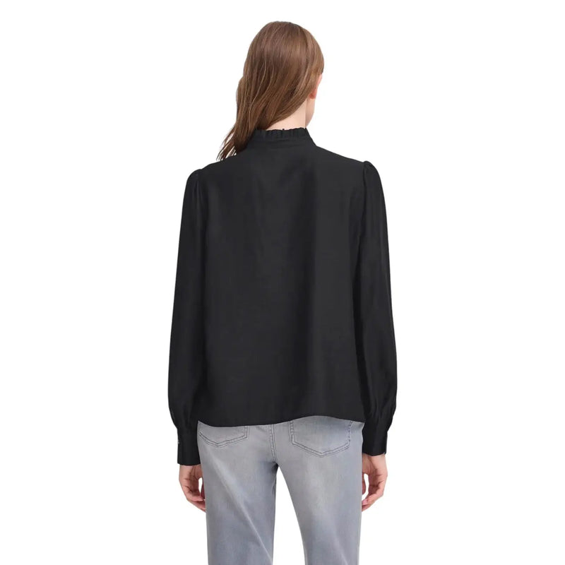 Black satin blouse by ichi women featuring a ruffled high neckline puffed sleeves and viscose blend fabric