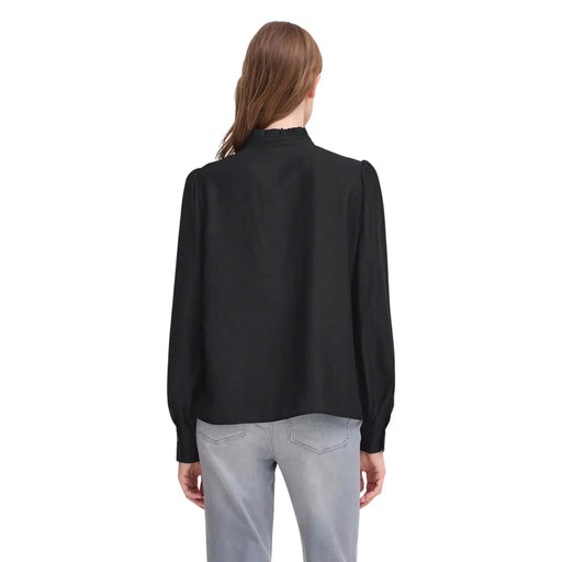 Schwarze Satinbluse von ichi Damenkleid mit hohem Rüschenkragen, Puffärmeln und Viskosemischgewebe