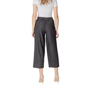 Dark gray wide-leg cropped cotton trousers with elastic waistband and front pockets by ichi women spring summer