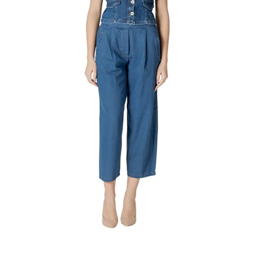 Ichi Schwarze Damen-Culottes aus Baumwoll-Denim mit hohem Bund und Knopfverschluss