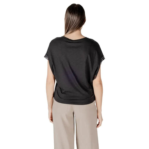 Ichi women black cotton v neck blouse with short sleeves and delicate lace trim at the cuffs