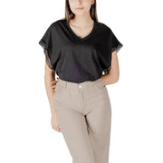 Ichi women black cotton v neck short sleeve blouse with delicate lace trim on short sleeves