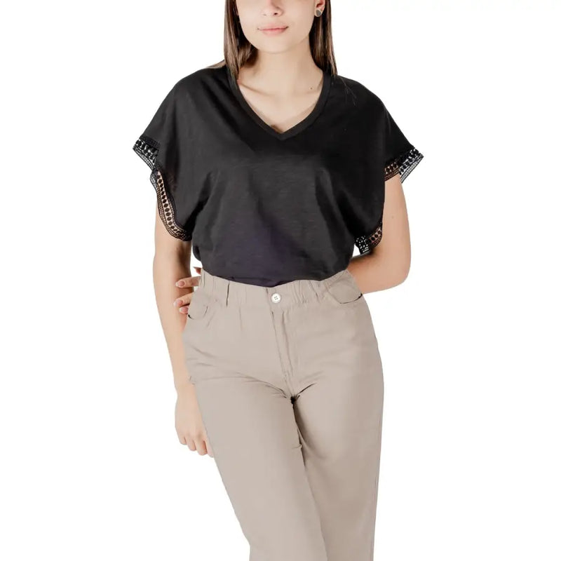 Ichi women black cotton v neck short sleeve blouse with delicate lace trim on short sleeves