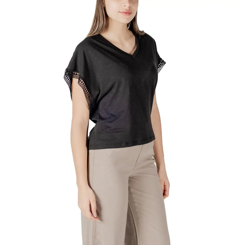 Ichi women black cotton v neck blouse with sheer lace trimmed short sleeves for elegant casual wear