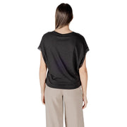 Ichi women black cotton v neck blouse with short sleeves and delicate lace trim at the cuffs