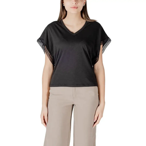 Ichi women black cotton v neck short sleeve blouse with sheer lace trim on the sleeves