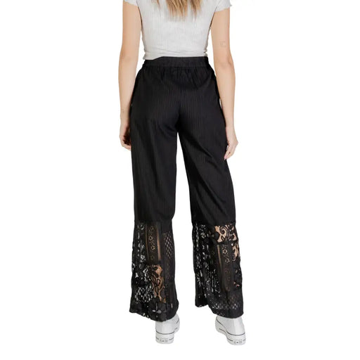 Ichi Women black cotton viscose trousers with subtle pinstripe and lace detailing on the lower legs