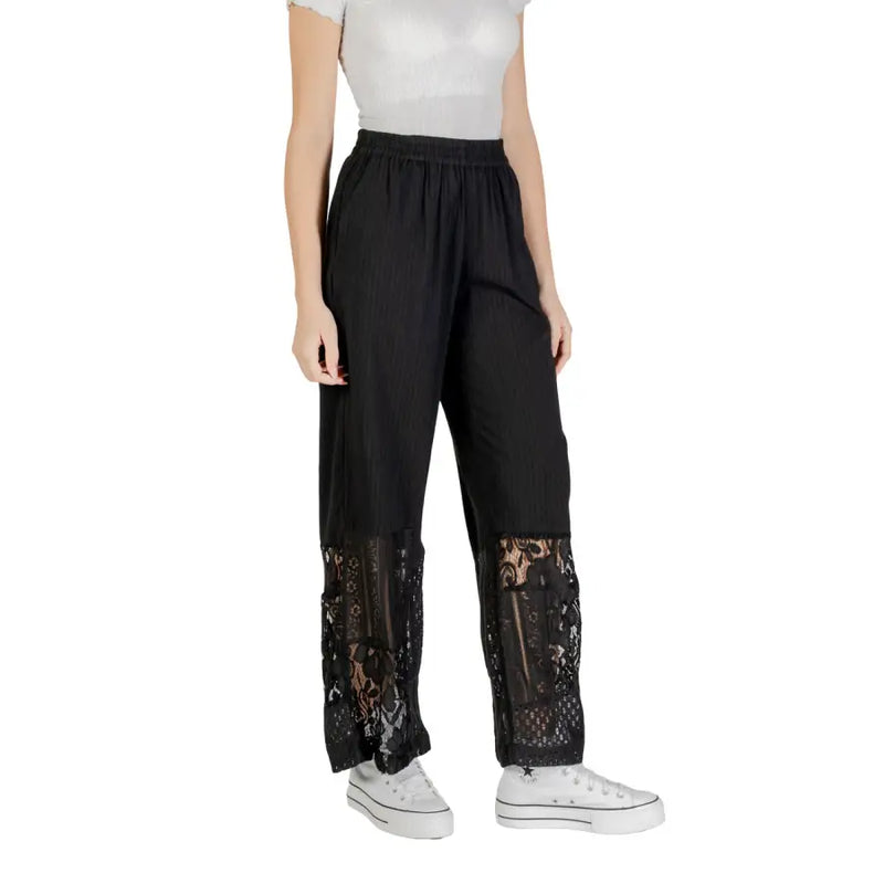 Ichi women black cotton viscose wide-leg trousers with sheer lace panels at the ankles