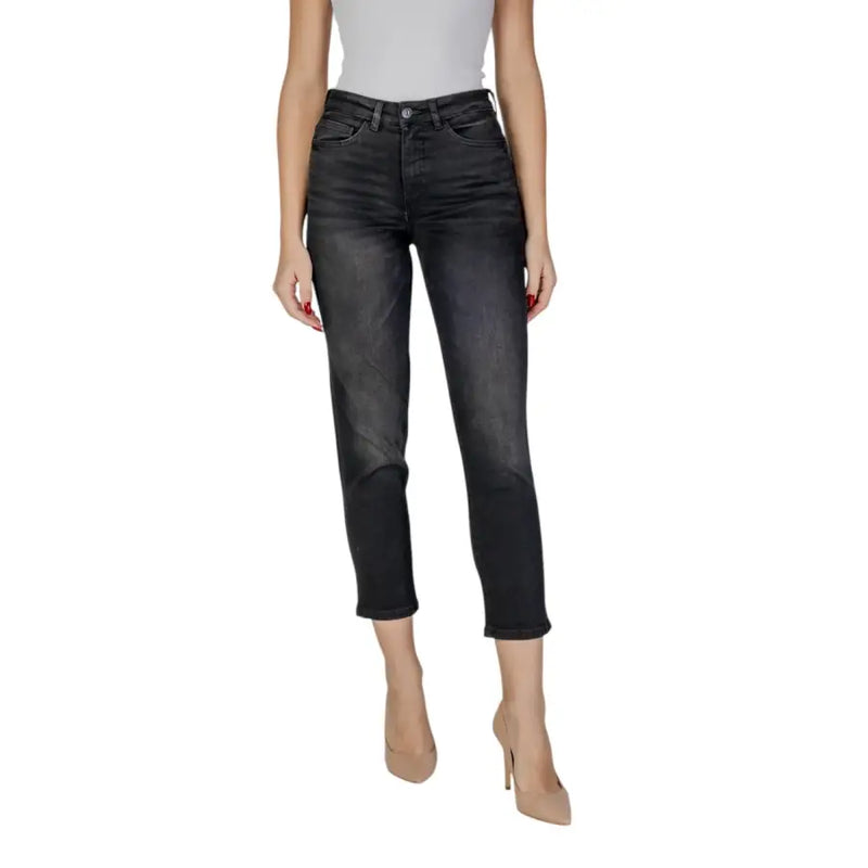 Ichi Jean court en denim noir taille haute pour femme, coupe slim, effet délavé
