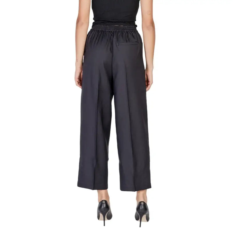 Ichi Women Black Polyester Wide-Leg Trousers with Elastic Waistband