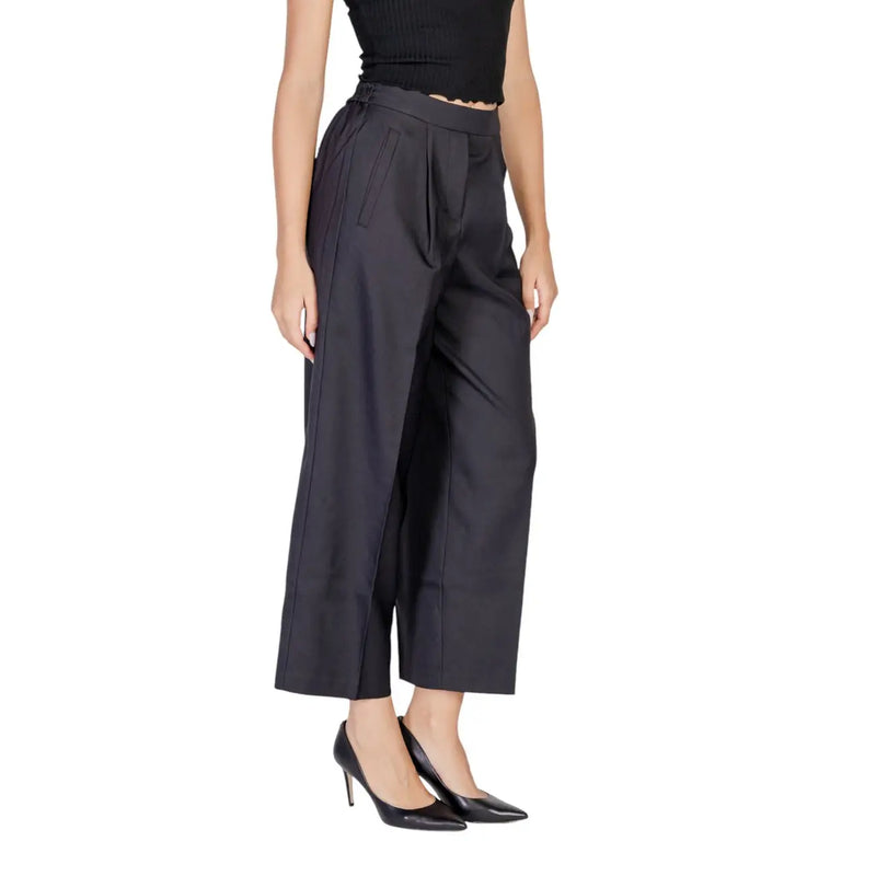 Ichi women black polyester trousers fall winter with high-waisted wide-leg tailored fit and subtle side pleats