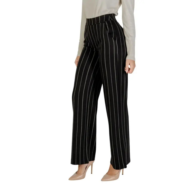 Ichi Women Black Striped Wide-Leg Trousers Fall Winter