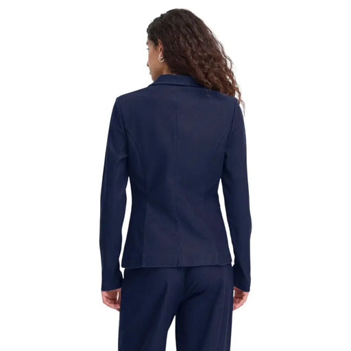 Navy blue Ichi women cotton blend button blazer with tailored fit and subtle seam detailing for formal wear