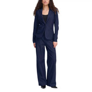 Navy blue cotton blend tailored blazer and wide-leg trousers suit from Ichi Women with button front closure
