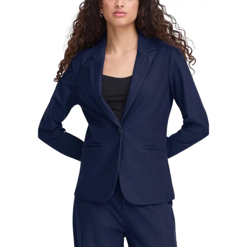 Navy blue tailored Ichi women cotton blend blazer with single button closure and flap pockets for formal wear