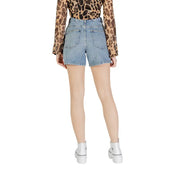 Ichi women blue cotton light-wash denim shorts with high waist pockets and frayed hem