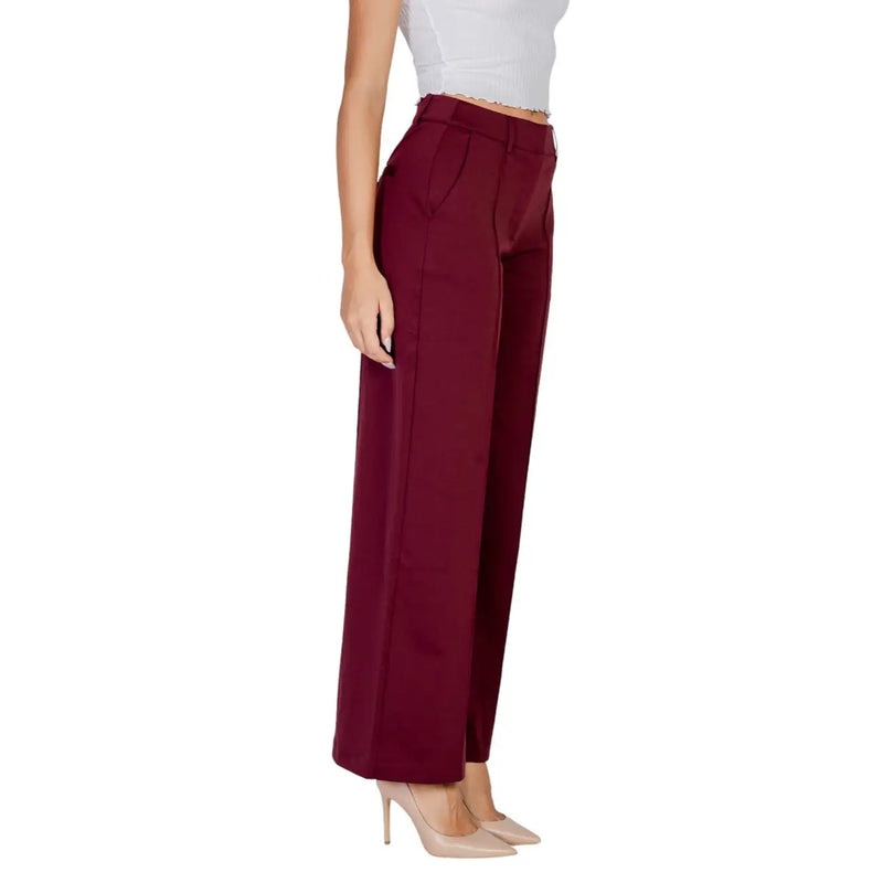 Ichi women Bordeaux polyester viscose wide-leg high waist trousers with front pockets and zip hook button closure