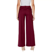 Ichi women bordeaux polyester viscose trousers with high waist, subtle pleats, and wide-leg design