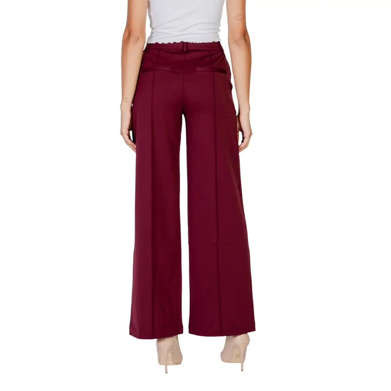 Ichi women bordeaux polyester viscose trousers with high waist, subtle pleats, and wide-leg design