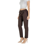 Ichi women brown tailored elasticated waist trousers in polyester with sleek straight-leg cut and subtle waist pleats