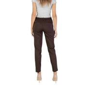 Brown tailored polyester trousers with elasticated waistband and two rear pockets shown from the back side