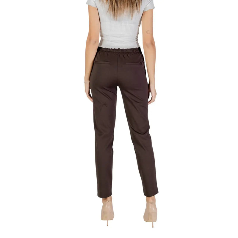 Brown tailored polyester trousers with elasticated waistband and two rear pockets shown from the back side