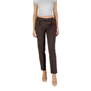 Brown tailored elasticated waist trousers for women with sleek straight-leg cut made of polyester by Ichi