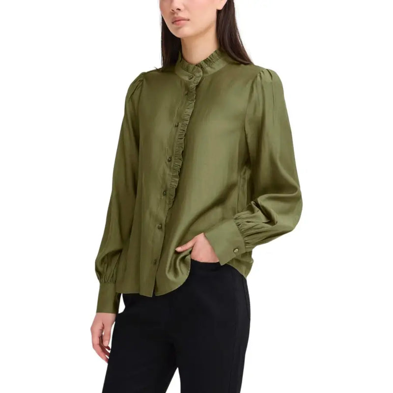 Ichi Women Green Mandarin Collar Viscose Shirt in olive green satin with ruffles