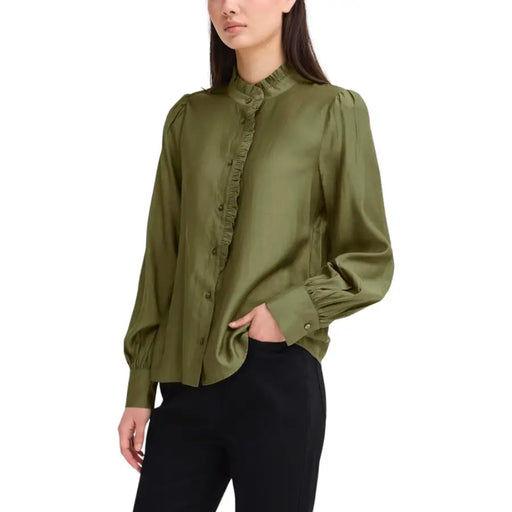 Ichi Women Green Mandarin Collar Viscose Shirt in olive green satin with ruffles