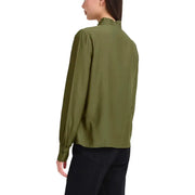 Ichi Women Green Mandarin Collar Viscose Shirt with ruffled neckline