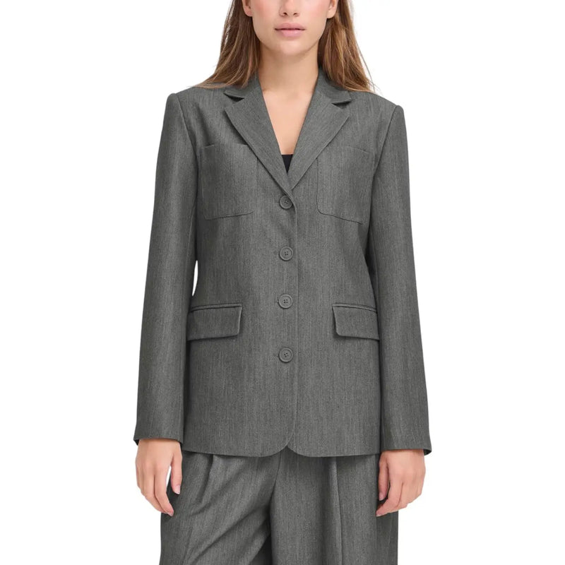 Ichi women grey polyester blazer with structured shoulders and front flap pockets in textured fabric