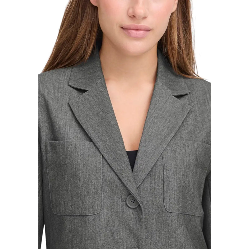 Ichi women grey polyester blazer with textured fabric long v neck notched lapels and flap pockets