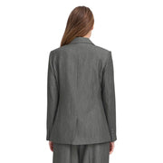 A tailored grey polyester blazer for women with a subtle textured weave and structured shoulders by Ichi