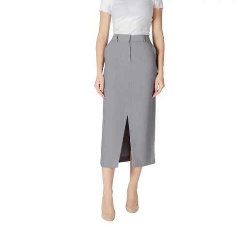 Ichi women grey spring summer mid-calf pencil skirt with front slit