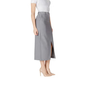 Ichi women grey spring summer midi skirt with sleek straight cut side slit and functional pockets