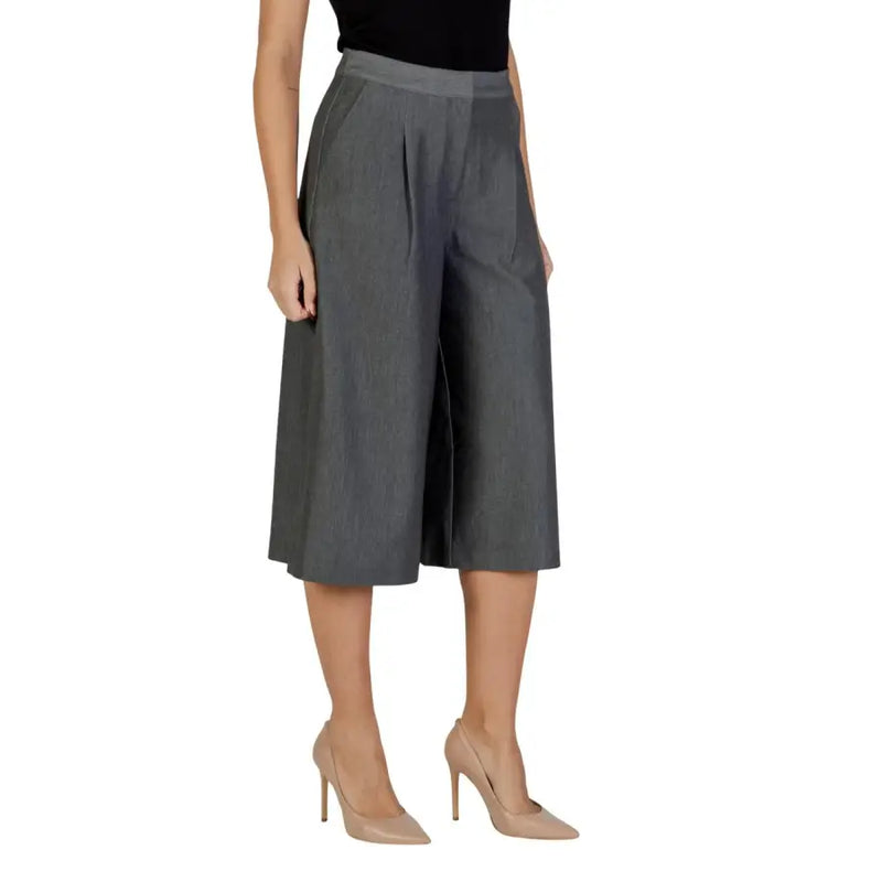 Ichi grey pleated wide-leg culottes with zip, pockets, high waist