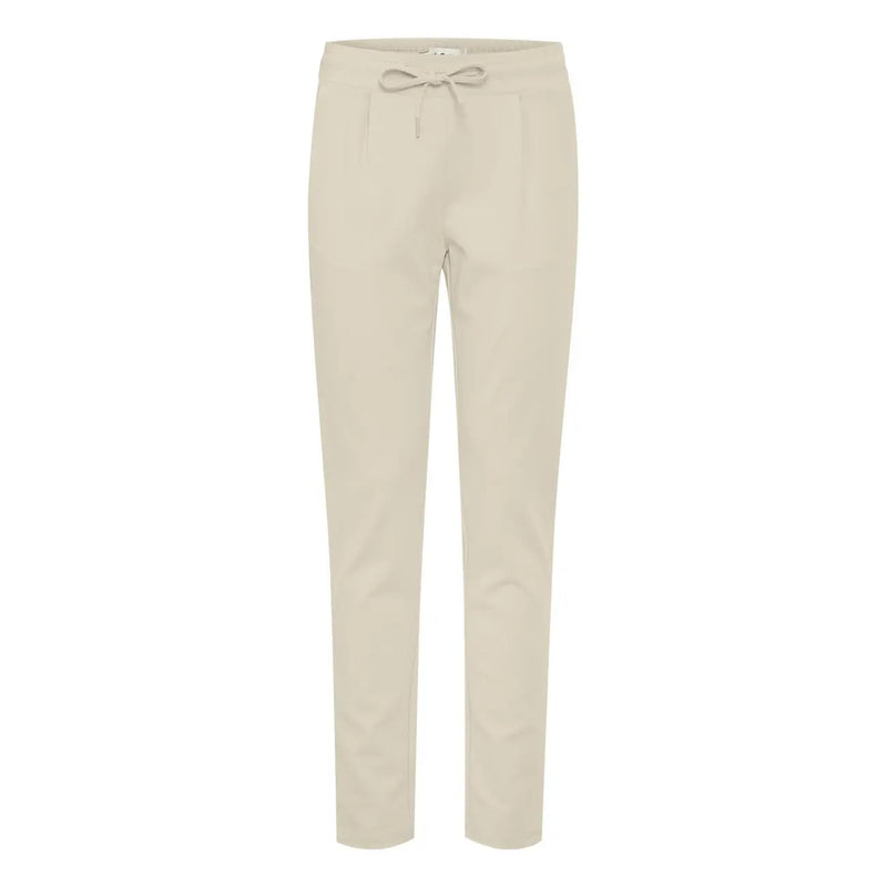 Ichi women beige trousers with lace front pockets and tapered fit featuring subtle front pleats