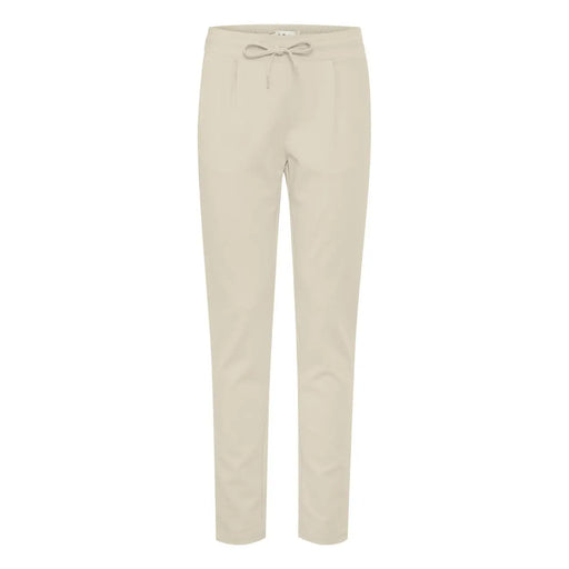 Ichi Beige Damenhose mit Spitzeneinsätzen vorne, schmal zulaufendem Schnitt und dezenten Bundfalten.