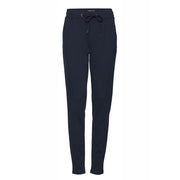 Dark navy blue slim-fit jogger pants with drawstring waistband and front pockets by ichi women trousers beige lace 20105036
