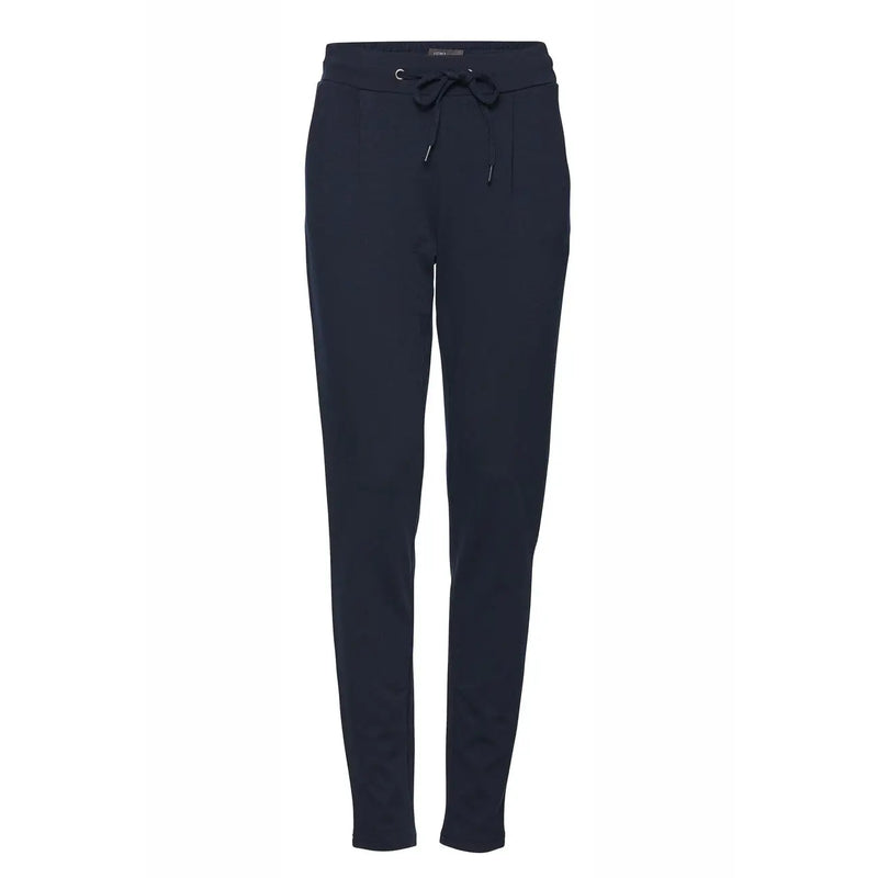 Dark navy blue slim-fit jogger pants with drawstring waistband and front pockets by ichi women trousers beige lace 20105036