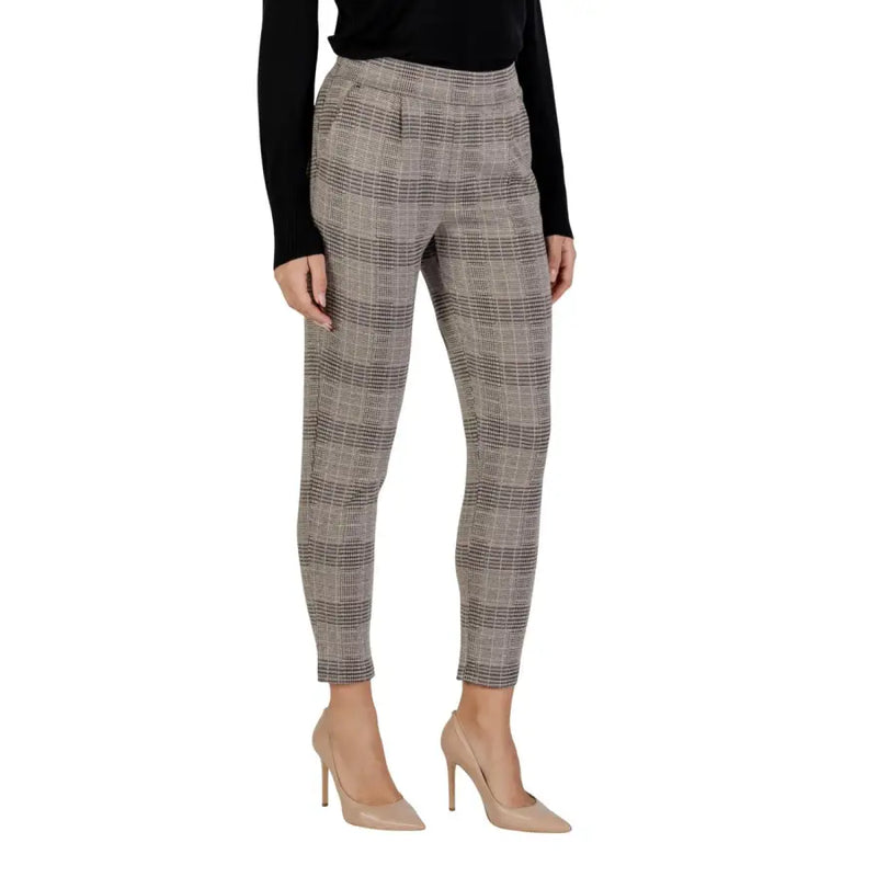 Ichi Women’s beige checked high-waist ankle-length trousers