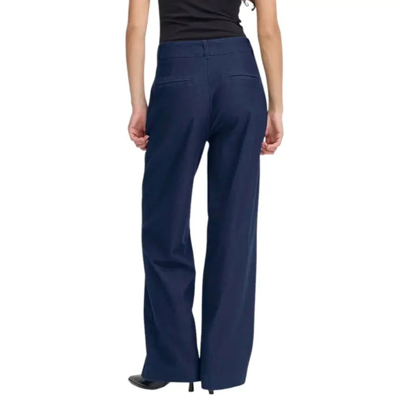 Ichi Women’s navy blue high-waisted wide-leg cotton blend trousers