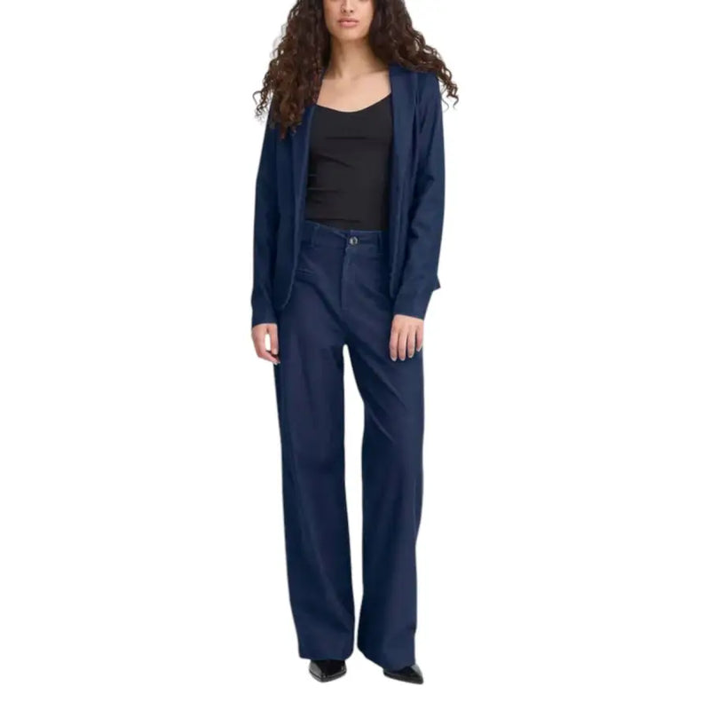 Ichi navy blue tailored blazer and wide-leg trousers set