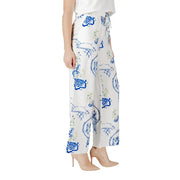 Ichi women’s white wide-leg spring summer trousers with blue green floral pattern and lightweight fabric laces detail