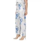 Ichi women’s white wide-leg trousers with blue and green porcelain inspired circular pattern and lace details for spring summer