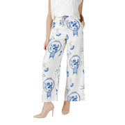 Ichi women’s white wide-leg trousers with blue and green traditional chinese porcelain-inspired circular patterns