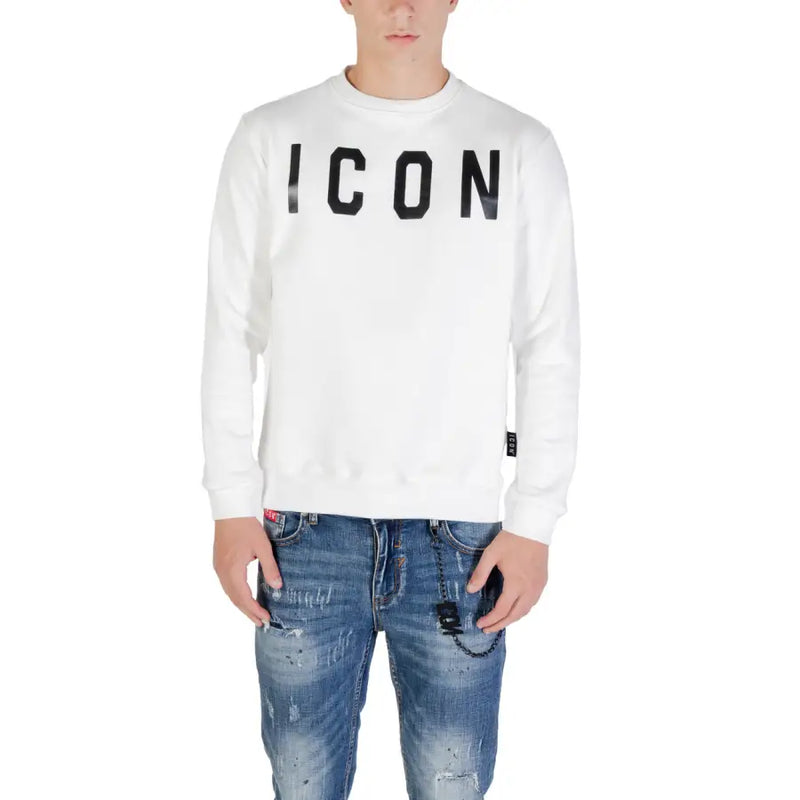 Men’s white crewneck sweatshirt with ICON print paired with distressed blue jeans