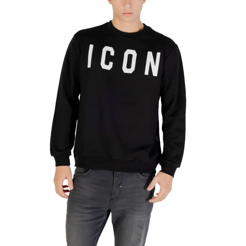 Men’s black crewneck sweatshirt with white ICON text from Icon Black Mens Fall Winter collection