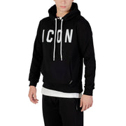 Black cotton blend men hooded sweatshirt with bold white icon print and matching white drawstrings across the chest